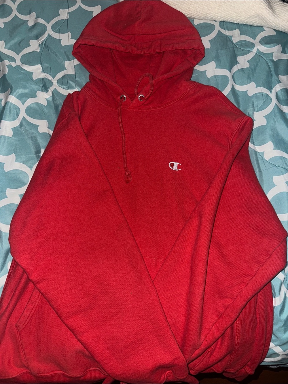 Champion Red Crewneck Hoodie with Small Chest Logo